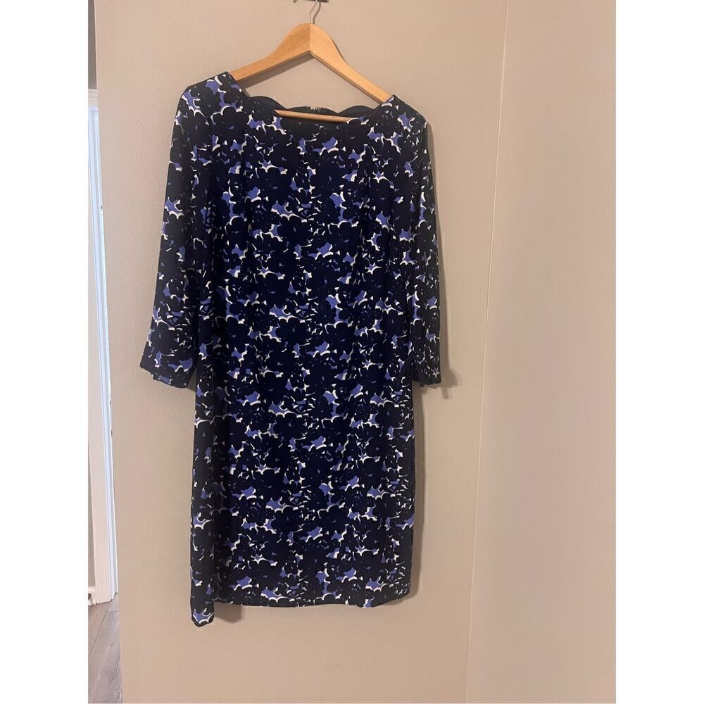 Talbots Women's 10 Scalloped Neck Shift Dress Blue Black Floral 3/4 Bow Sleeves - Picture 4 of 11